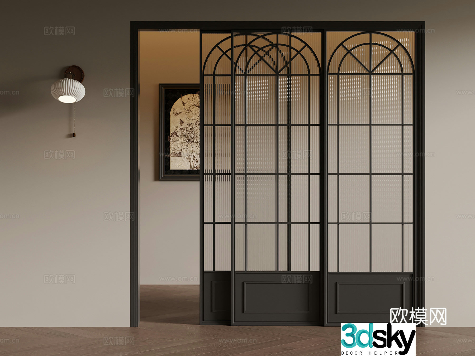 21 French sliding door Changhong glass sliding door Wall lamp Hanging painting 3D model