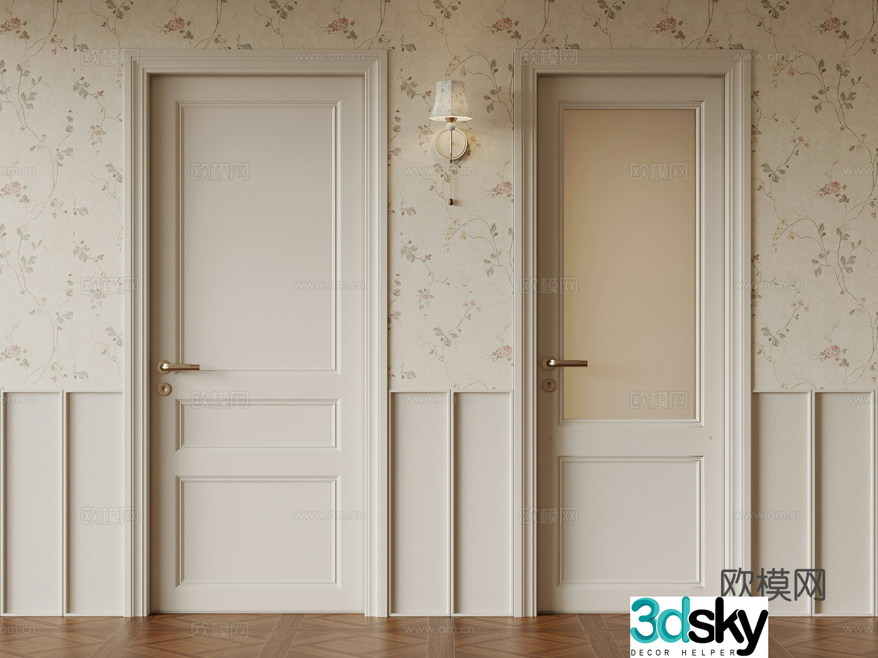 01 French cream single-open door wall light interior door 3D model