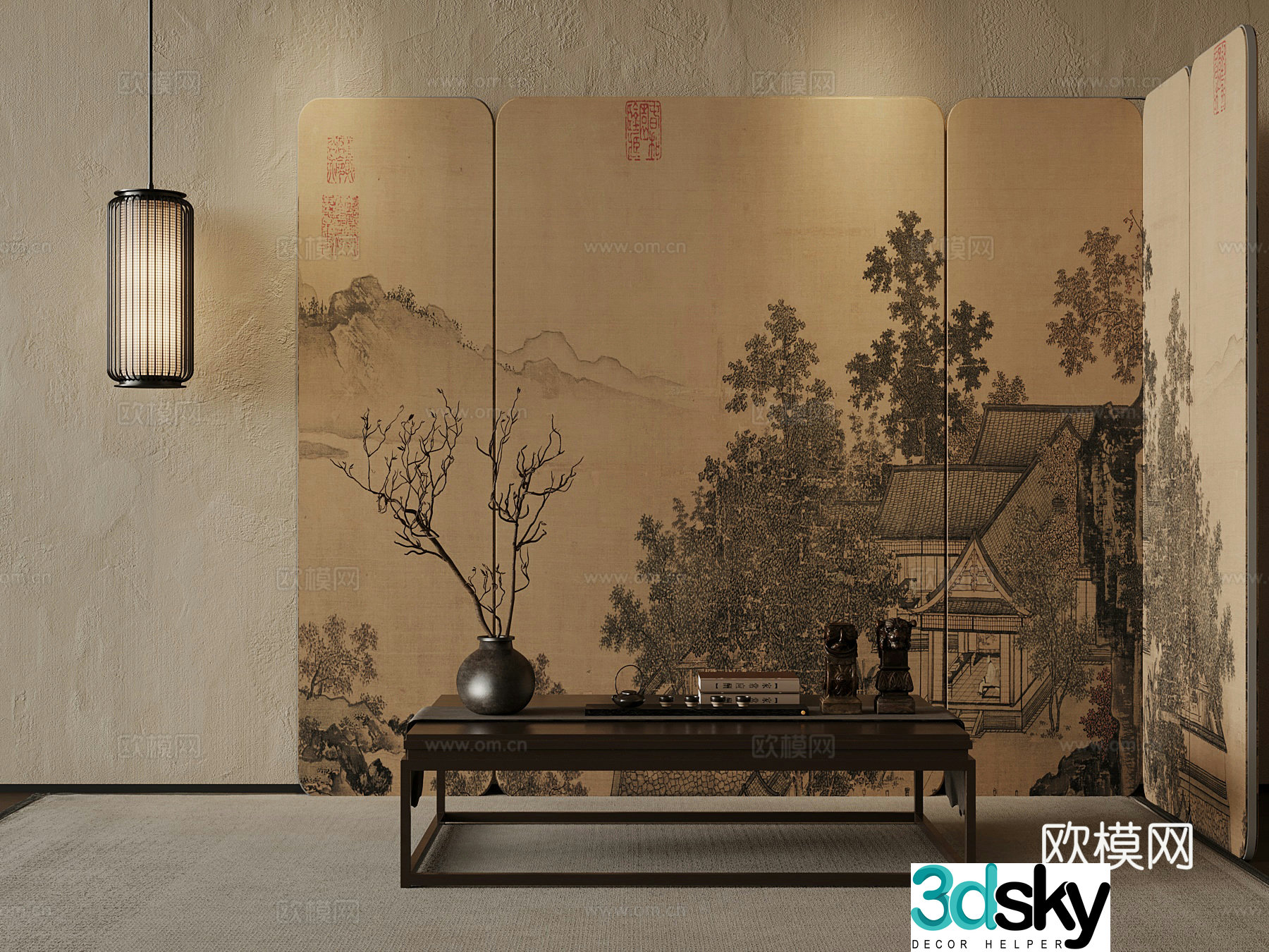 05 New Chinese-style screen coffee table chandelier 3d model