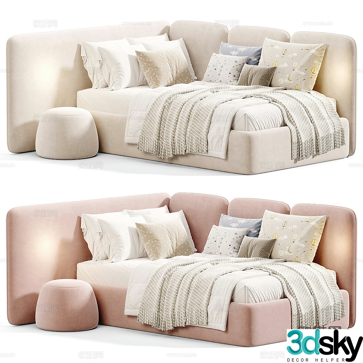 Modern cream style children’s fabric sofa bed 3d model