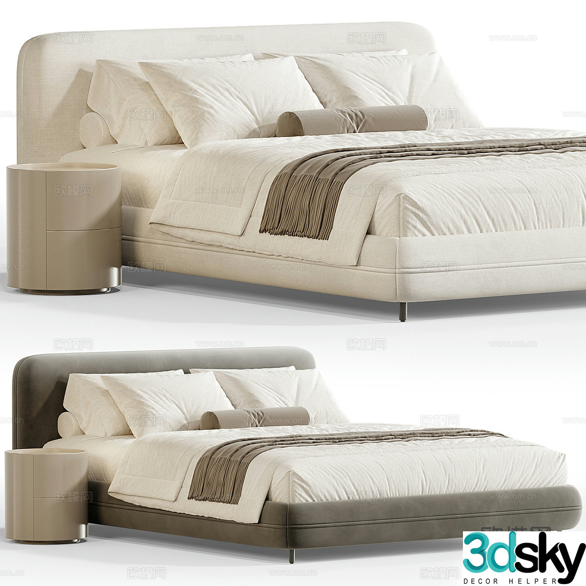 Modern cream style fabric double bed 3d model