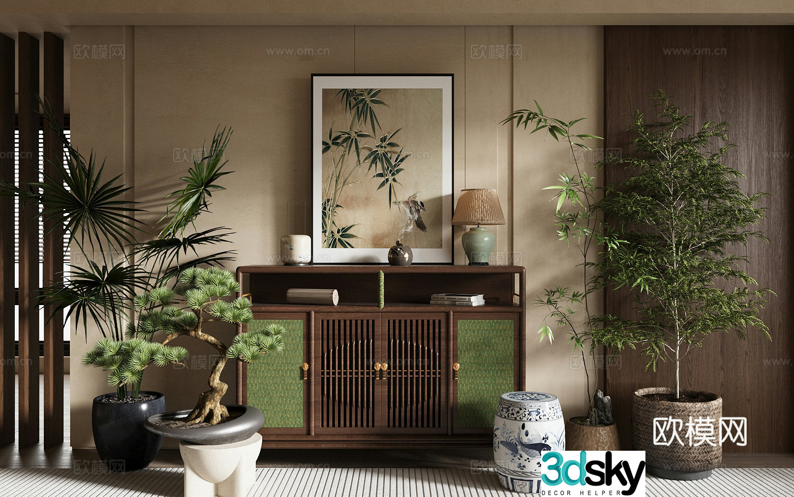 New Chinese style chest of drawers side cabinets ornaments combinations floral green plants Chinese style hanging paintings Chinese style decorative cabinets 3D model