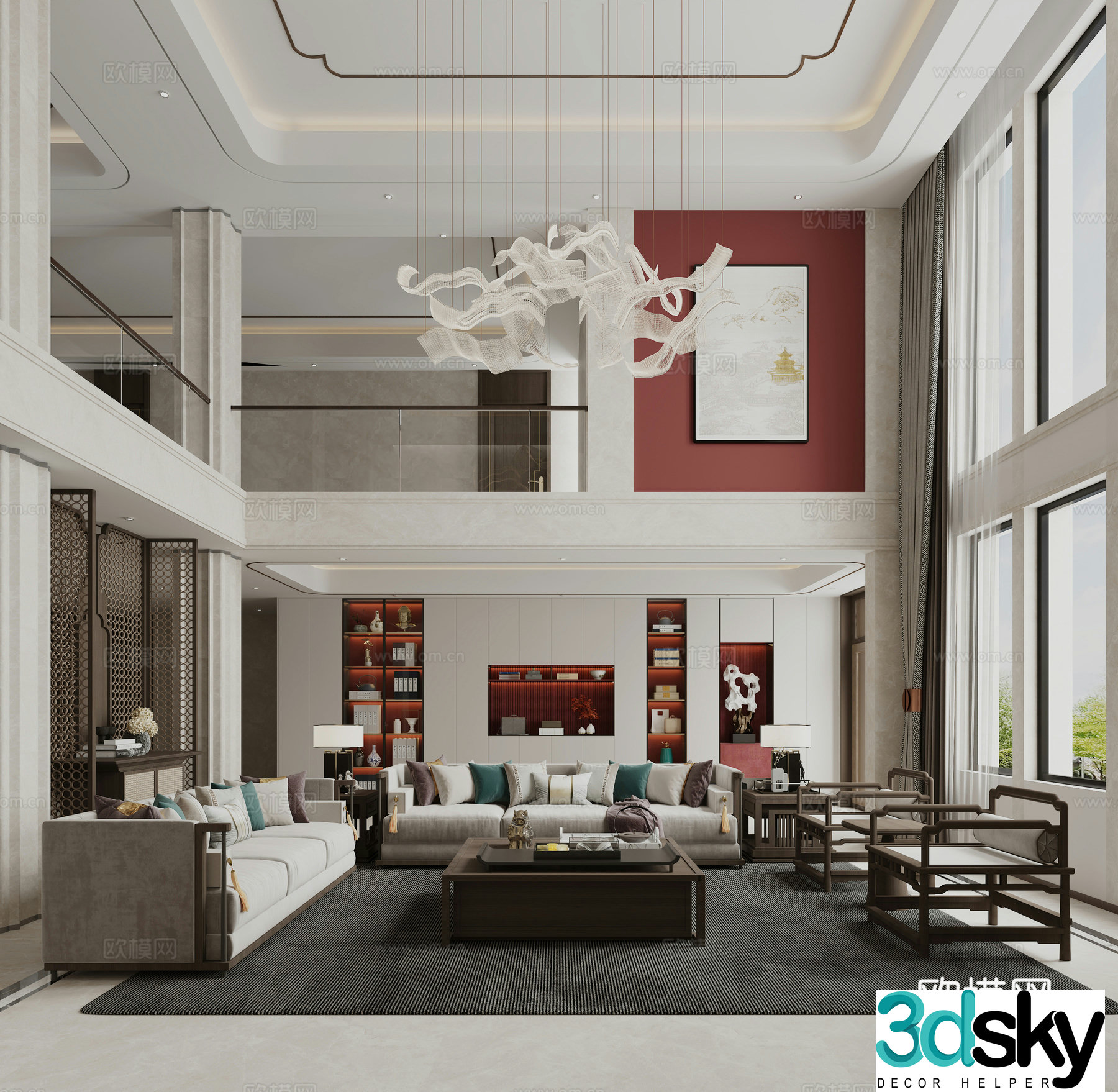 New Chinese style villa empty living room 3D model