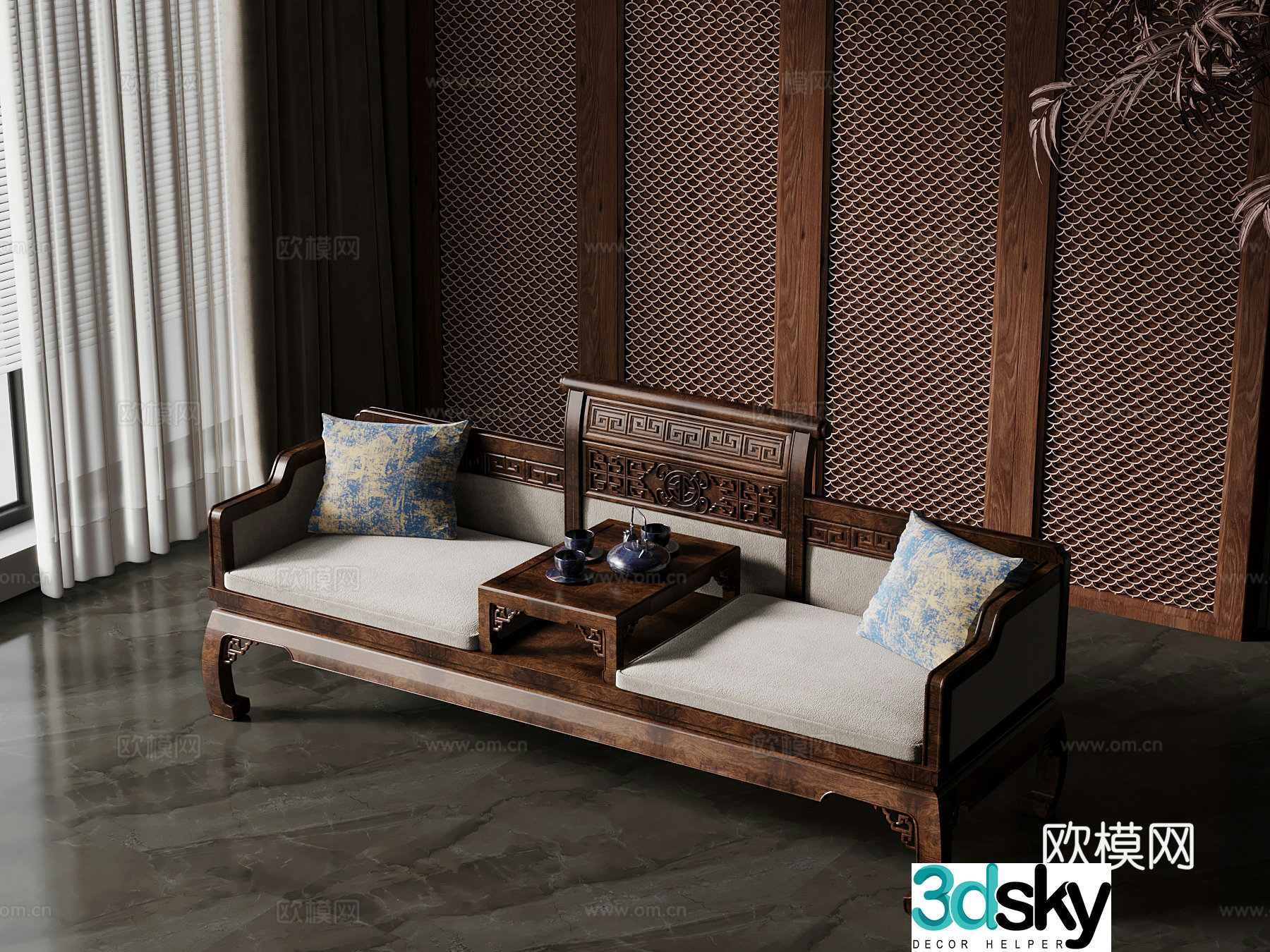 013 New Chinese Arhat Bed Multi-person Sofa 3D Model