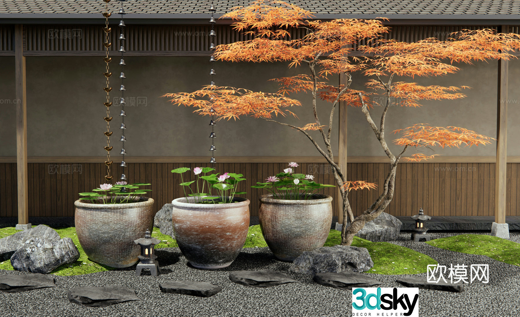 New Chinese style courtyard sketches Water tank Lotus tank Red maple Tingbu Landscape stone Rain chain Waterscape 3D model