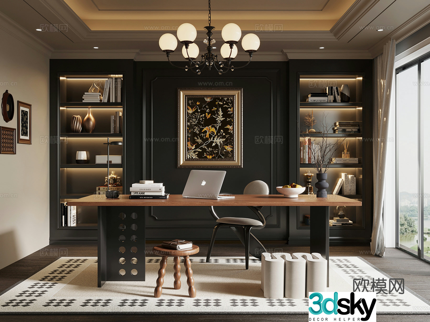 18 French study bookcase desk chair 3d model