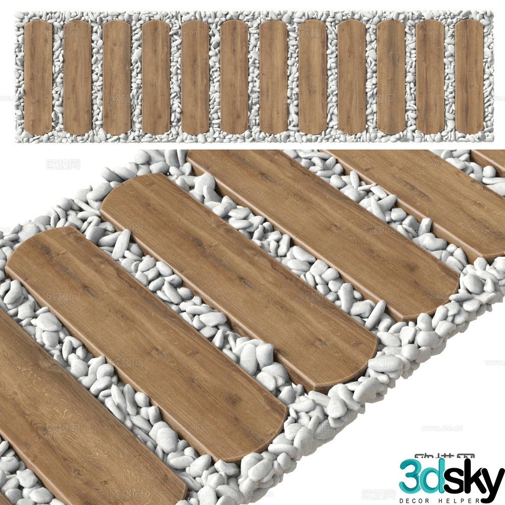 Cobblestone road stone pavement landscape path stone paving road wooden road 3d model