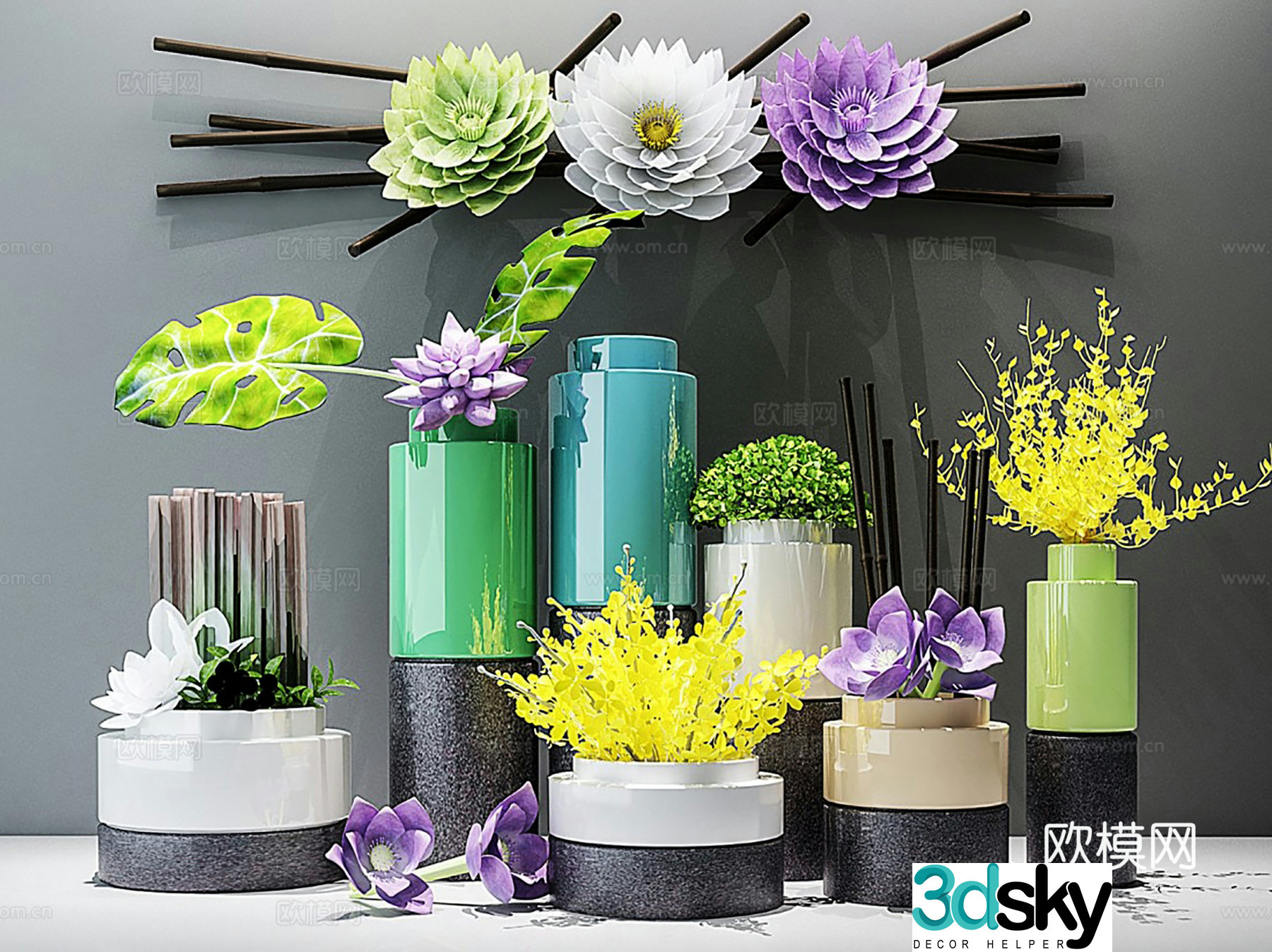 Modern ornaments ornaments ornaments combination vase flowers ceramic ware 3d model