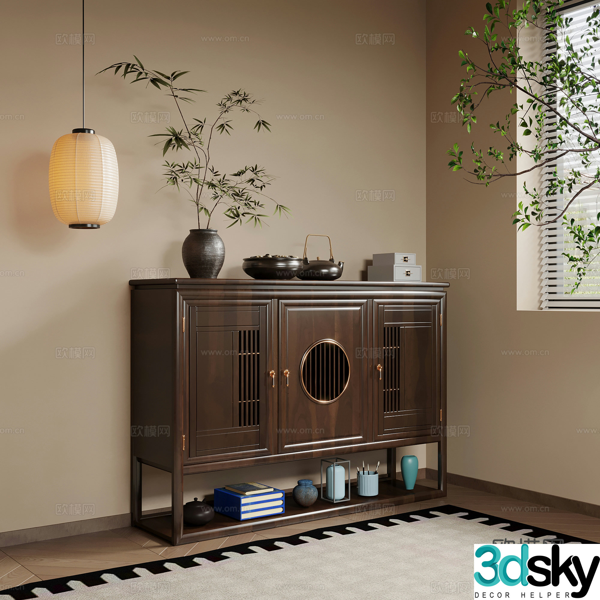 04 porch cabinet new Chinese style porch cabinet sideboard decorative painting chandelier 3d model