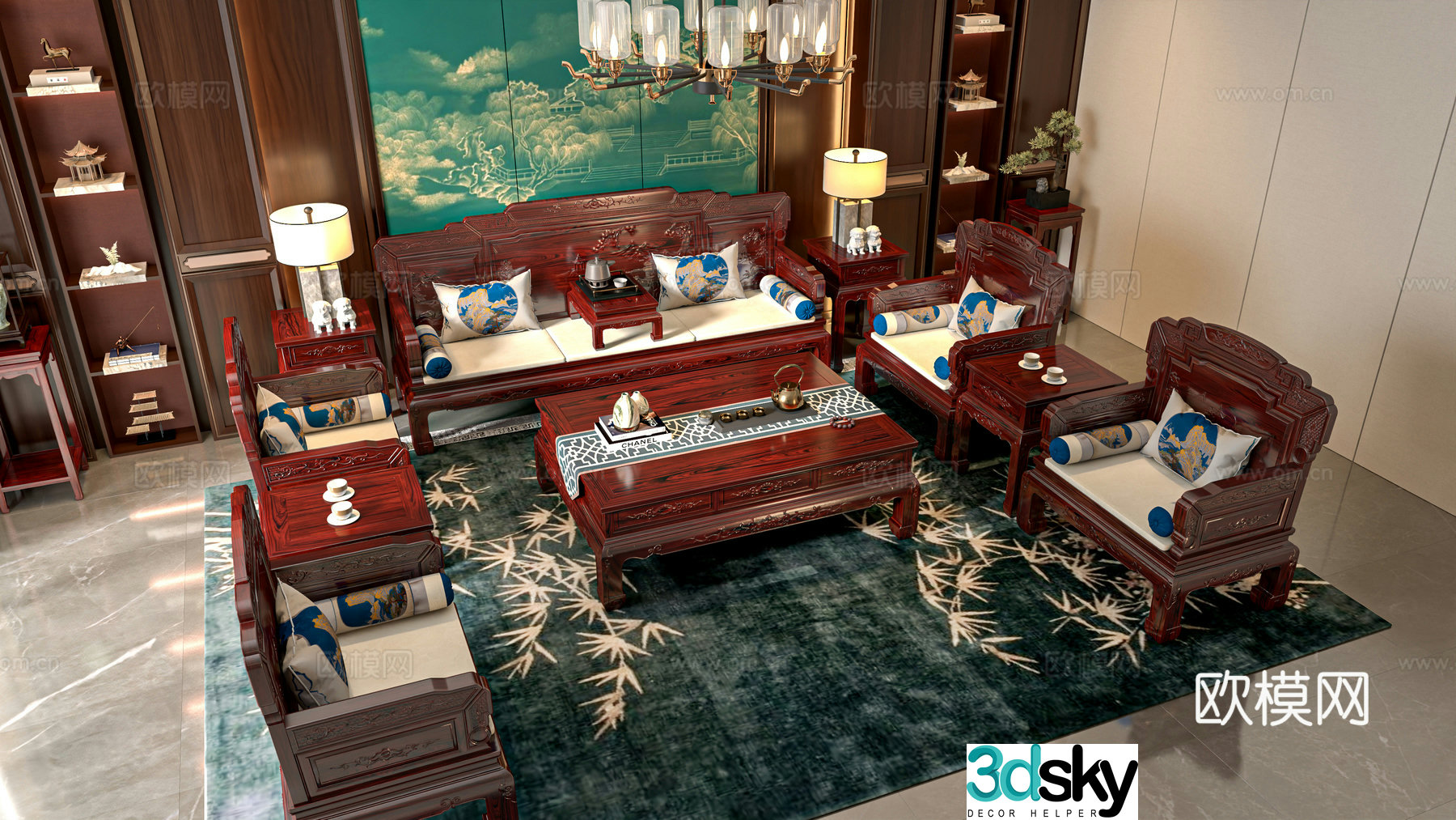 New Chinese living room mahogany sofa mahogany furniture combination Qidaitiangong mahogany furniture Chinese guest 3D model