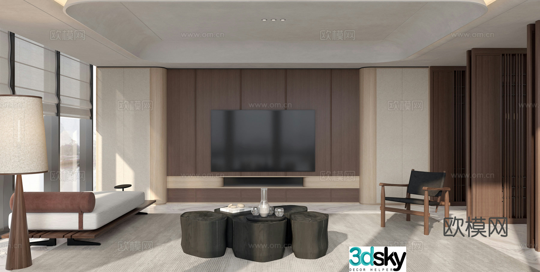 New Chinese style living room medieval living room TV background wall leisure chair medieval coffee table sofa 3d model