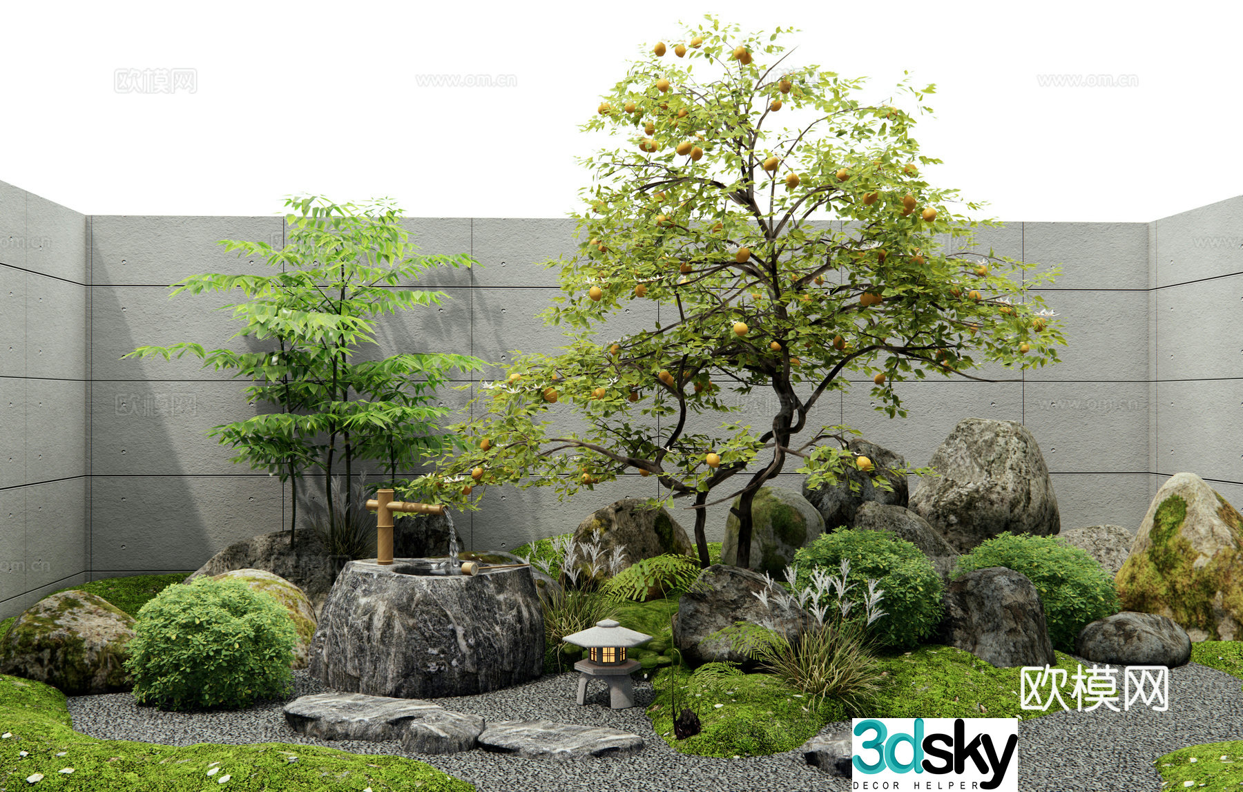 Modern courtyard sketch dry landscape garden landscape fruit tree lemon tree plant landscape stone 3d model
