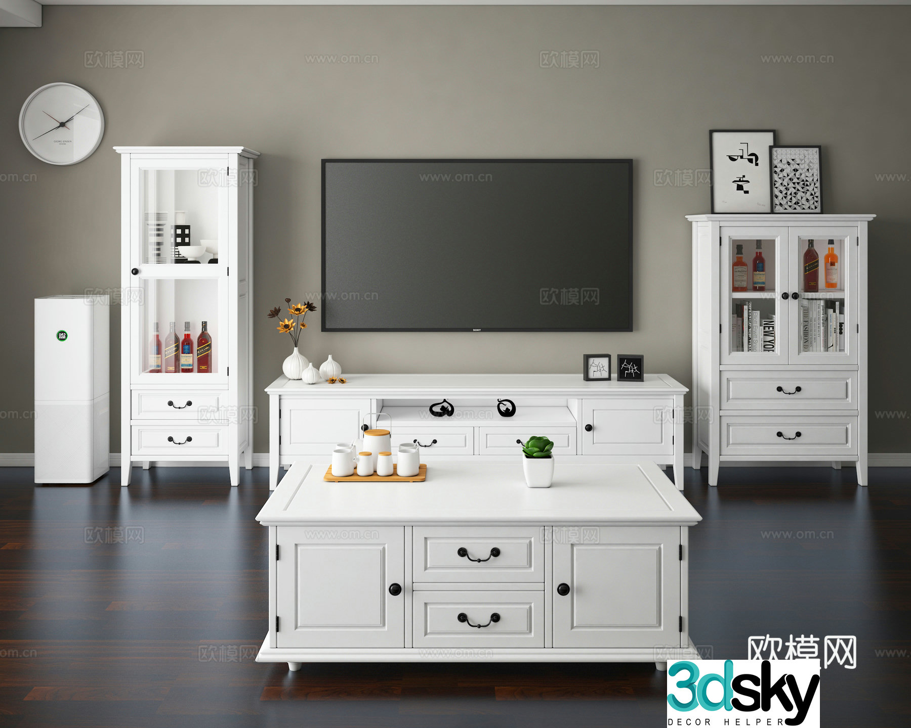 American solid wood TV cabinet side cabinet bookcase coffee table combination living room decoration furniture home 3D model