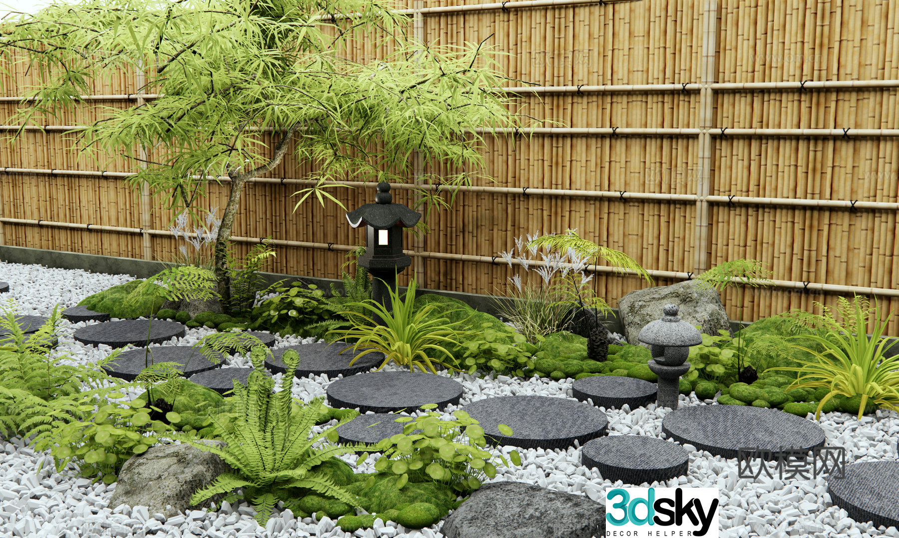 Japanese style new Chinese style tingling Zen courtyard landscape plant combination moss landscape flowers and plants maple tree 3D model
