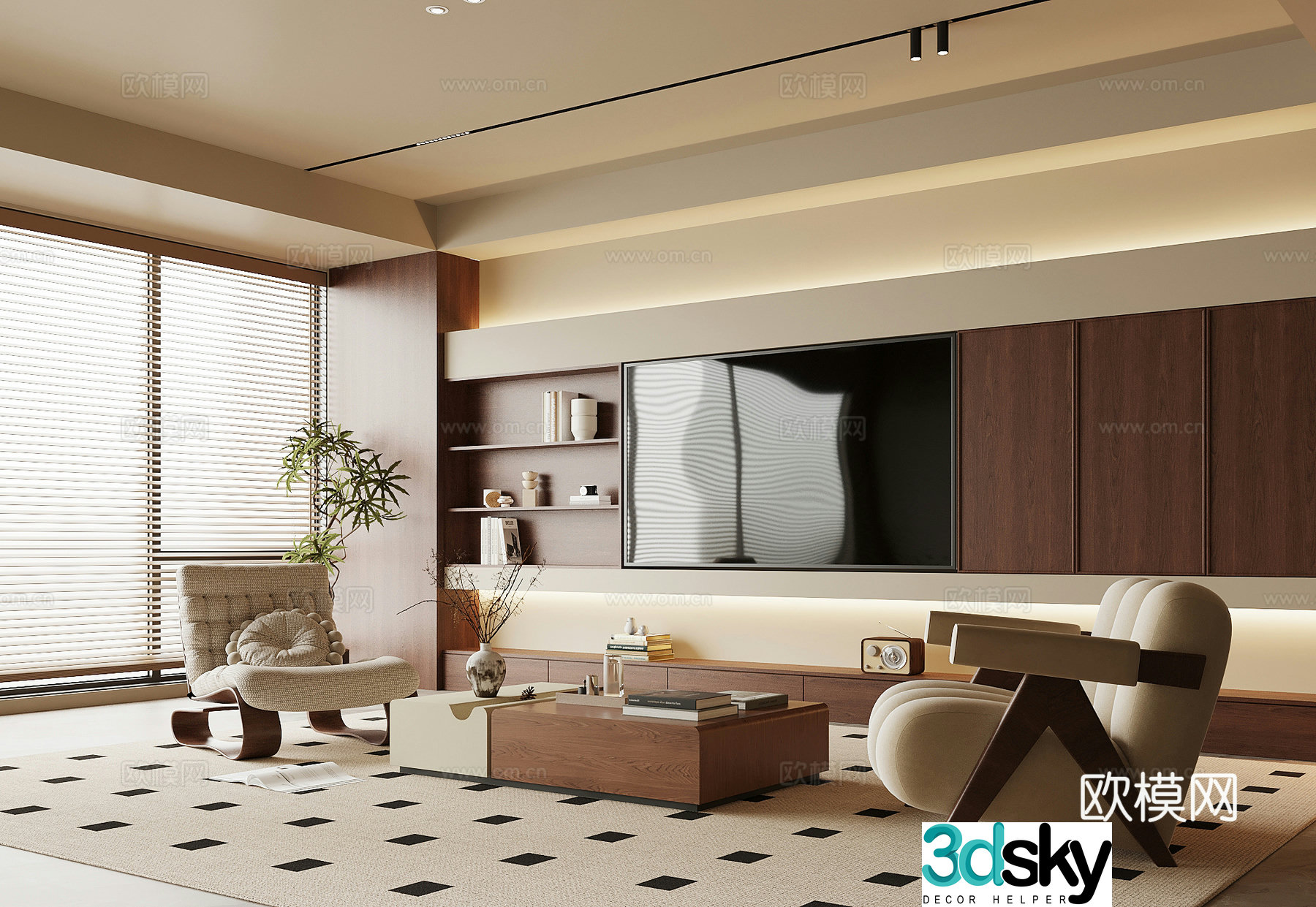 022 Living room medieval style living room TV background wall sofa coffee table combination 3D model