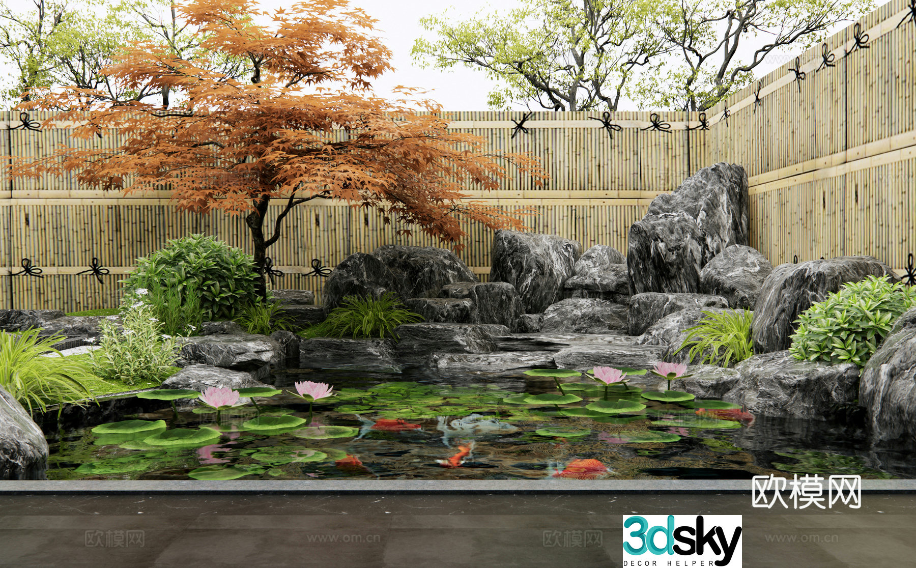 New Chinese style rockery landscape lotus fish pond stone stacked landscape courtyard sketch red maple 3d model