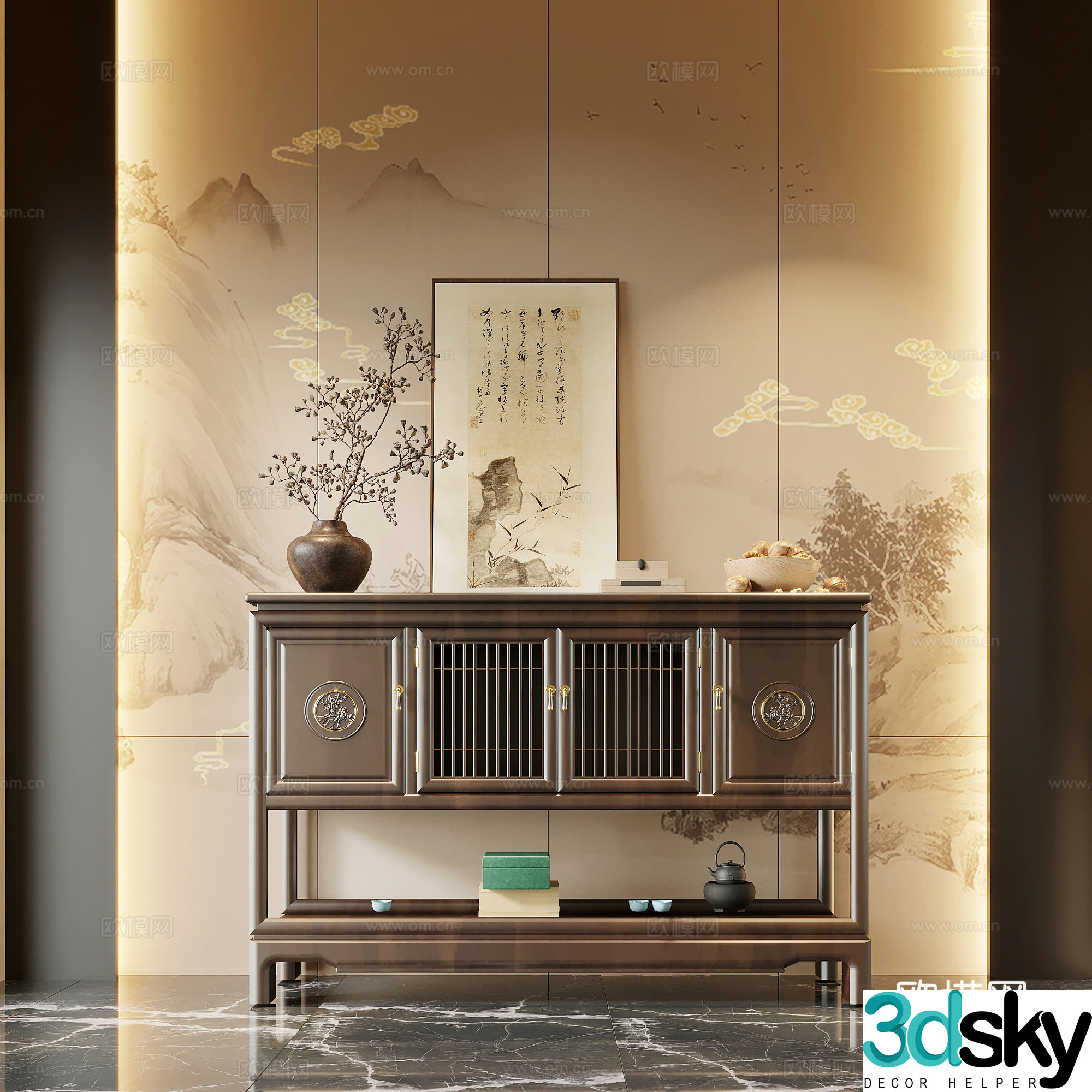 05 Porch New Chinese style porch End view cabinet Porch cabinet Potted bonsai Ornament 3D model