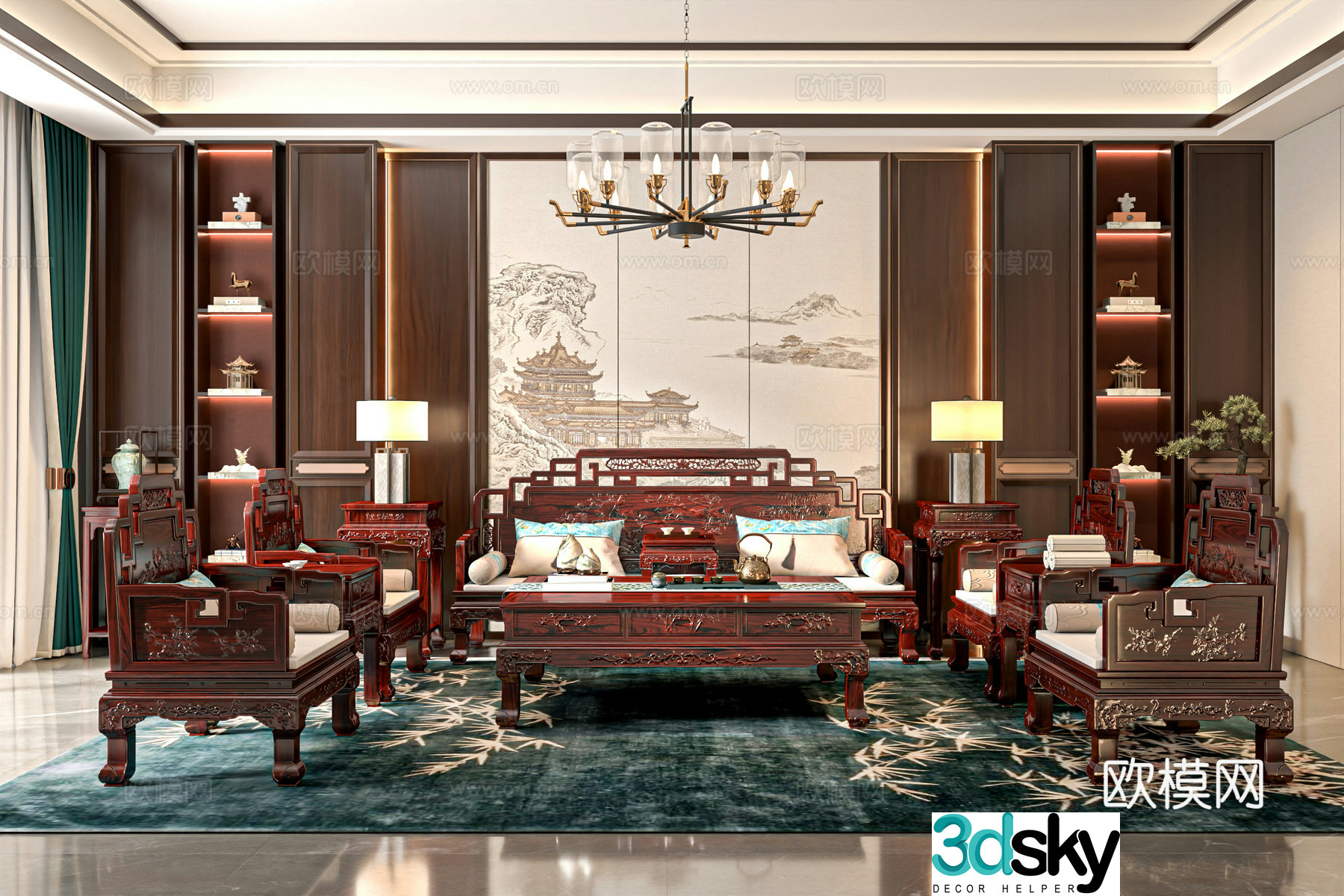 New Chinese living room mahogany sofa mahogany furniture combination Qidaitiangong mahogany furniture Chinese guest 3D model