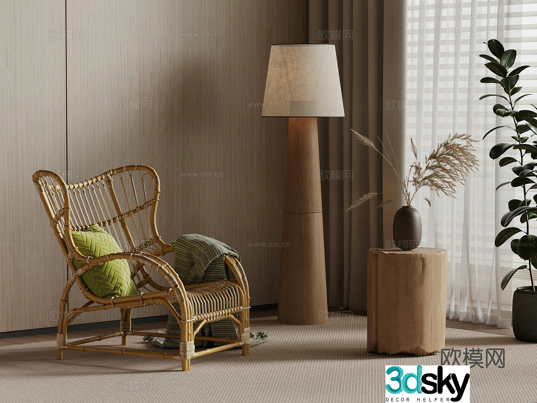 06 New Chinese-style rattan lounge chair floor lamp side 3D model