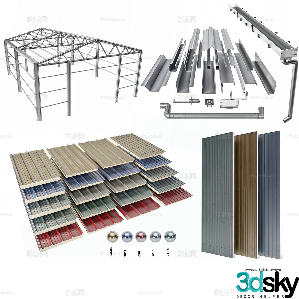 Modern sloping roof sandwich panel component 3D model