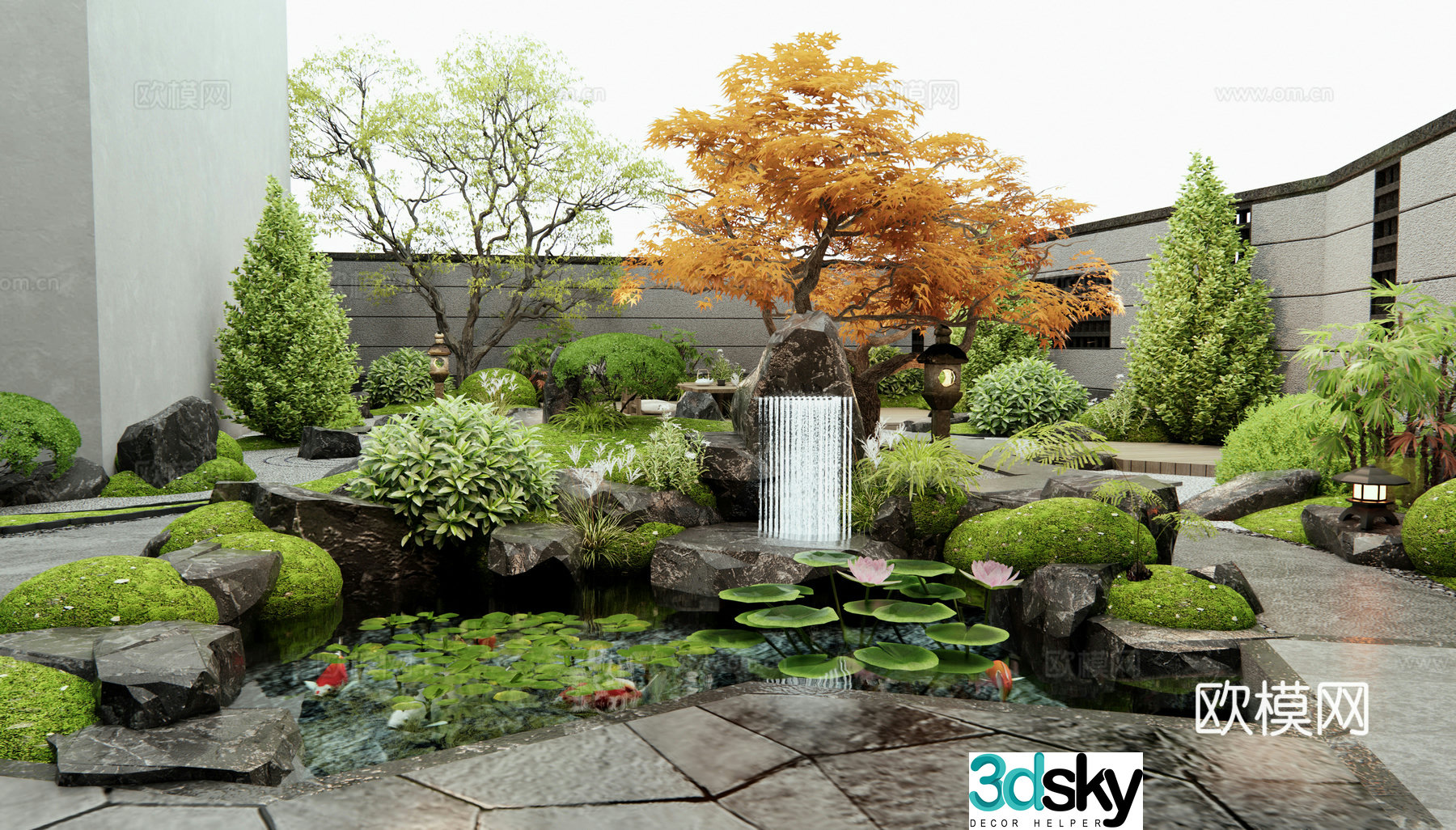 New Chinese Zen courtyard landscape rockery waterscape shrubs plant landscaping landscape stones 3d model