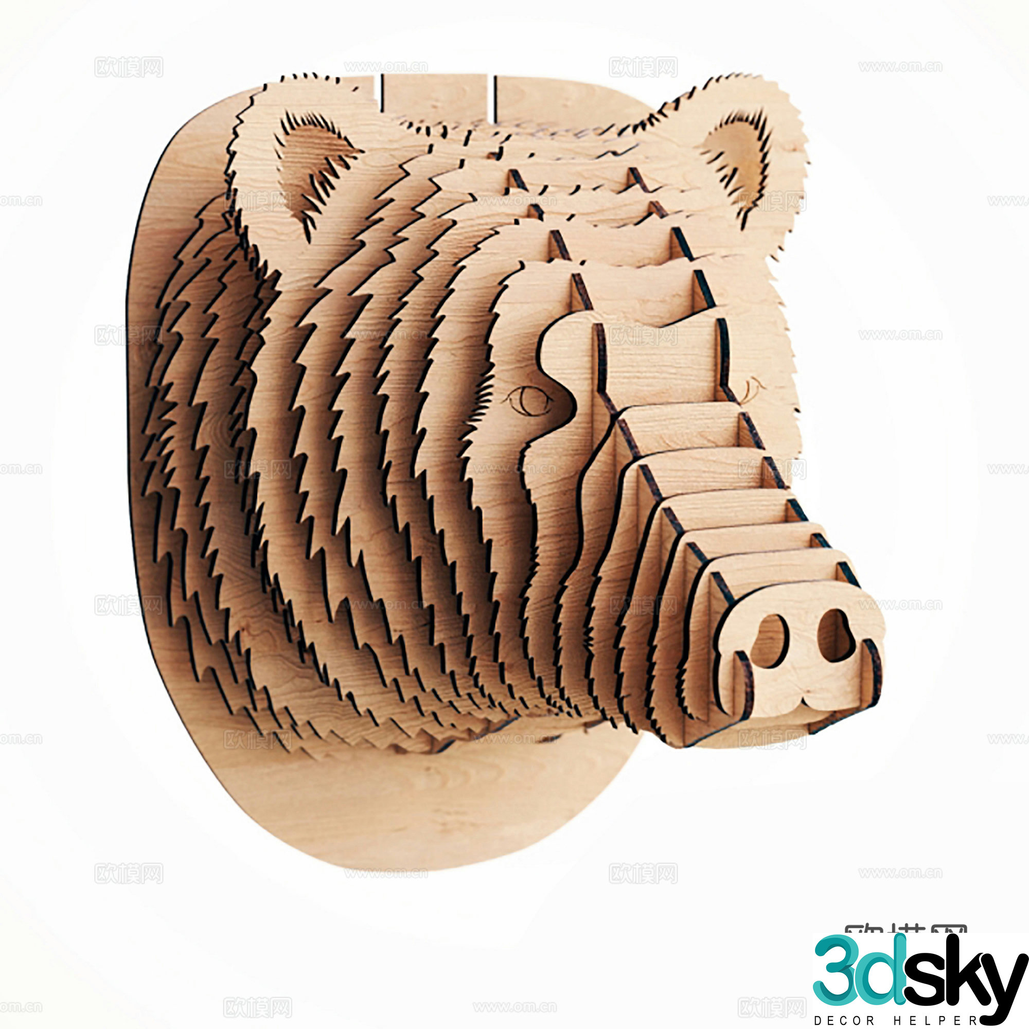Modern wooden board animal wall decoration bear head wall decoration 3d model