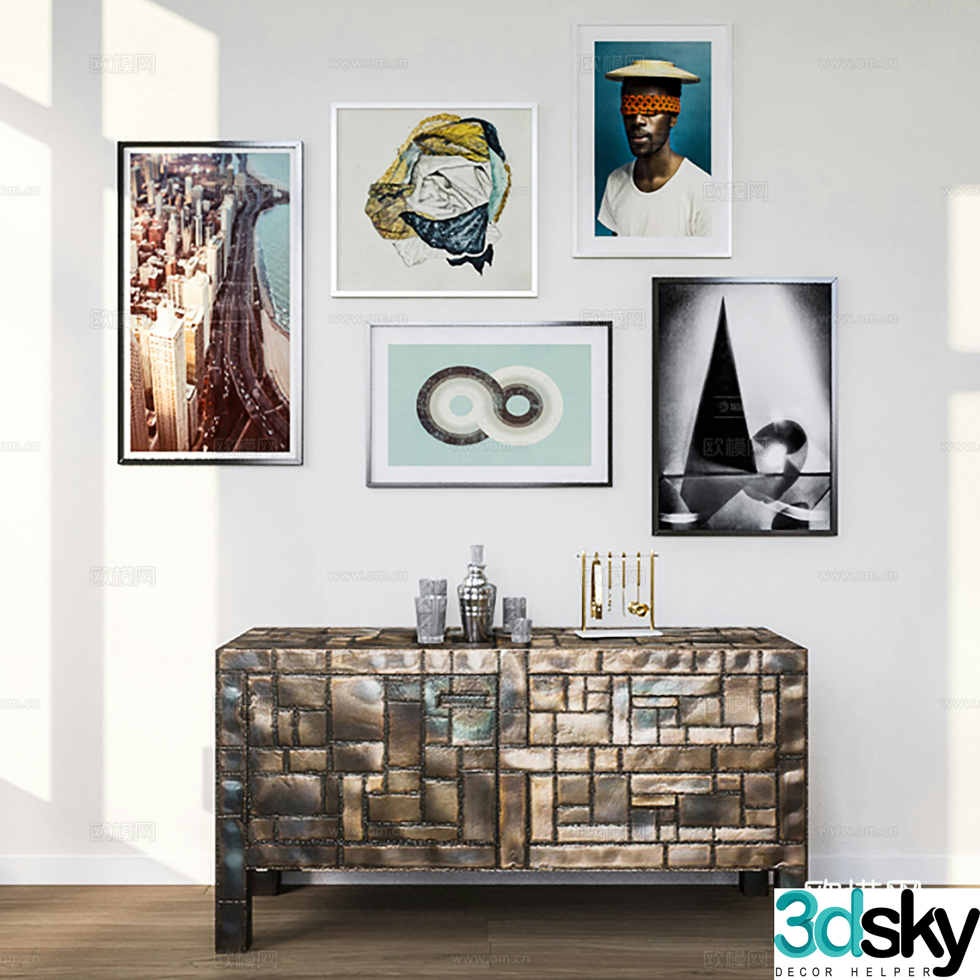 Nordic side cabinet decorative cabinet porch cabinet hanging painting combination 3D model