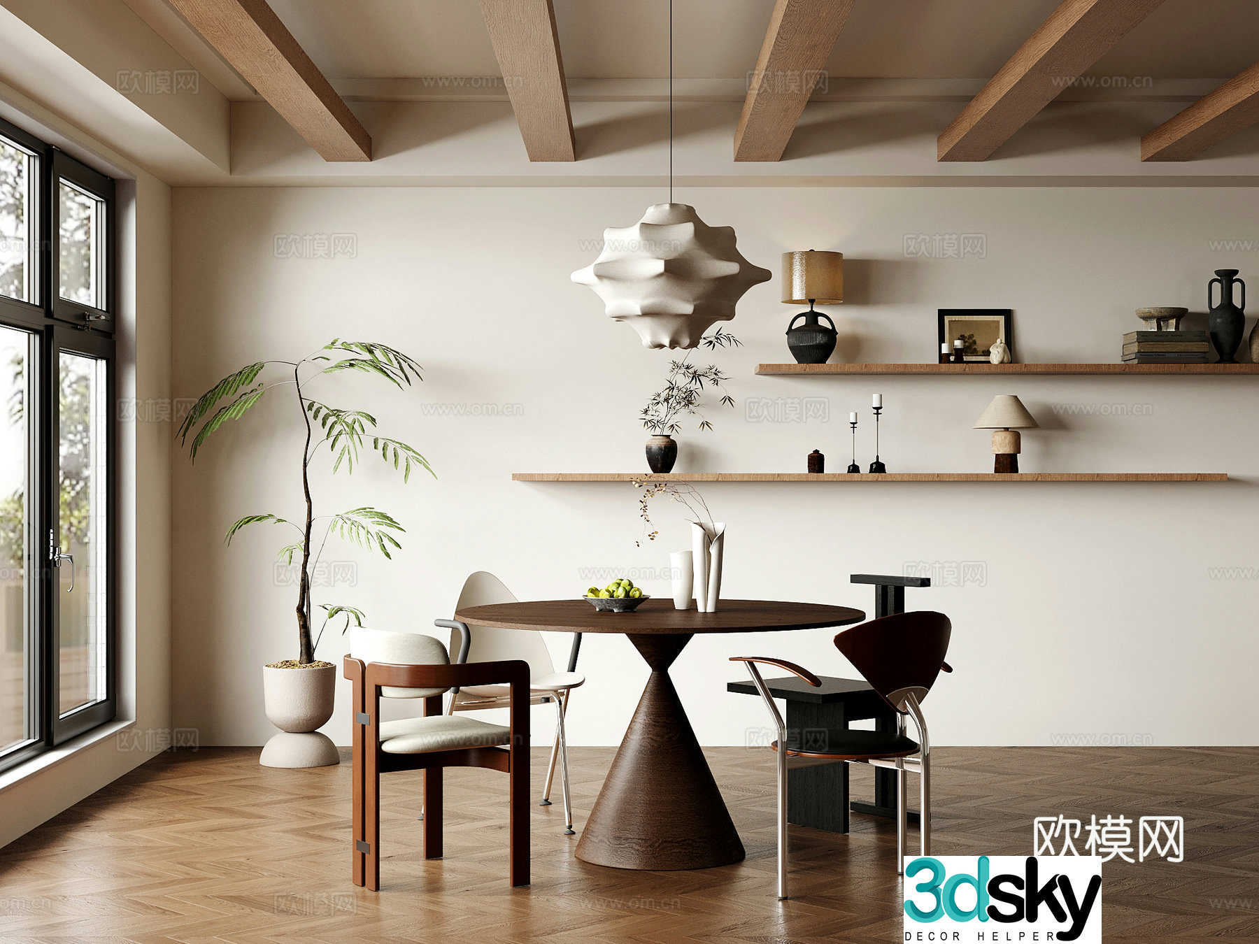 08 Restaurant Middle Style Anting Dining Table and Chair Combination Jewelry Ornaments 3D Model