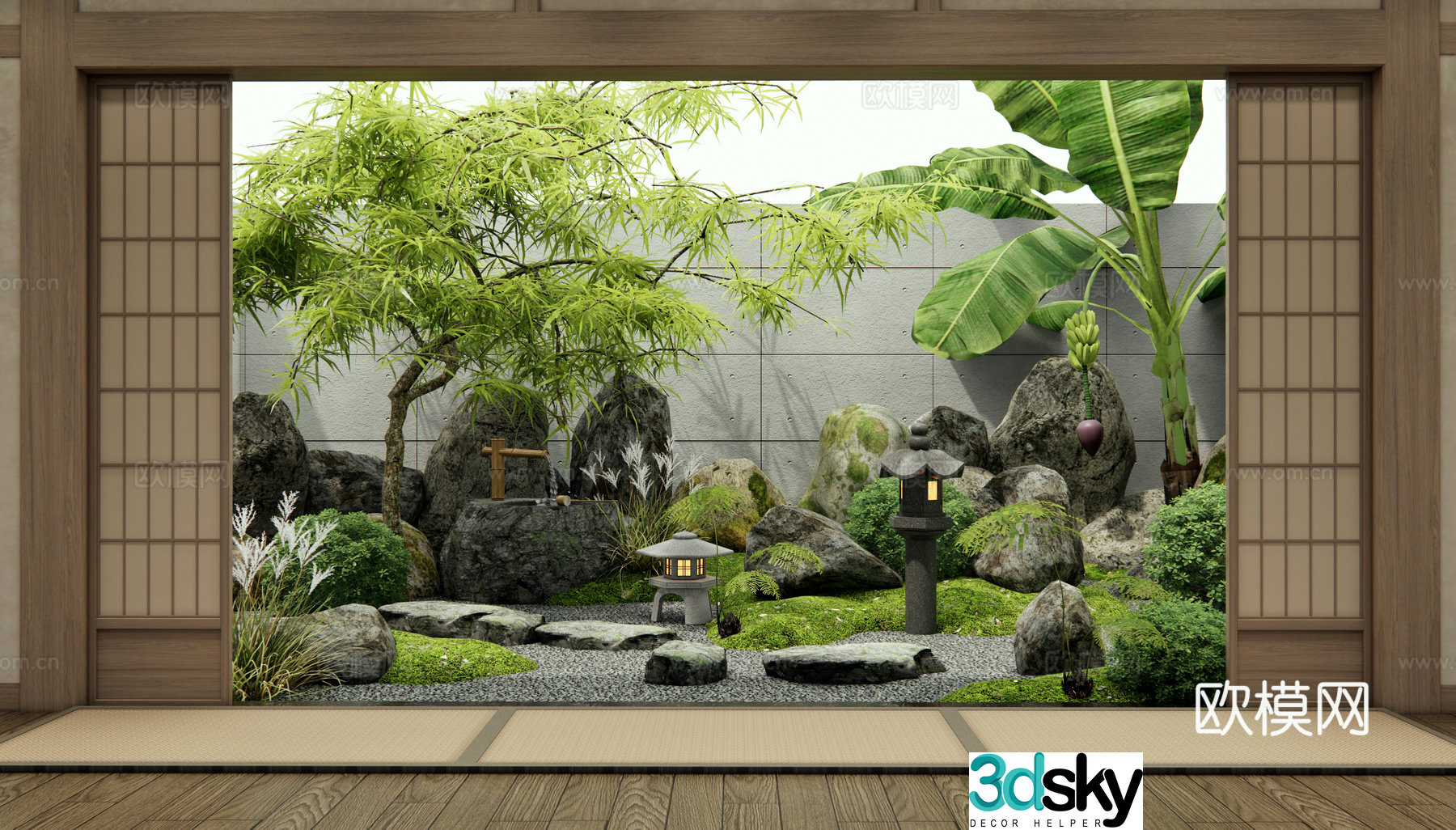 Japanese style dry landscape courtyard landscape stones Tingwalk micro-terrain water bowl waterscape banana tree 3D model