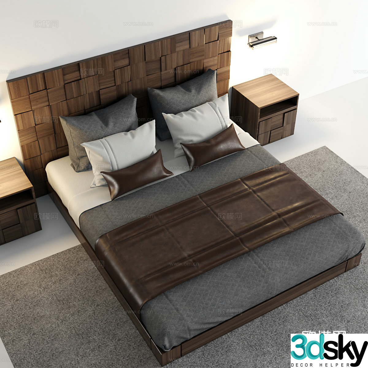 Middle-aged double bed fabric bed nightstand wall light combination 3D model