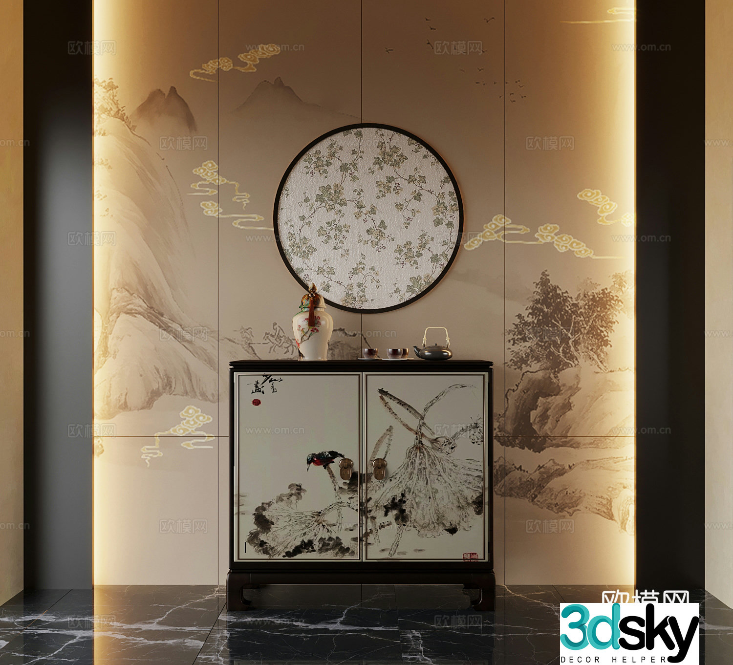 06 New Chinese style entrance cabinet End view cabinet End view platform 3D model
