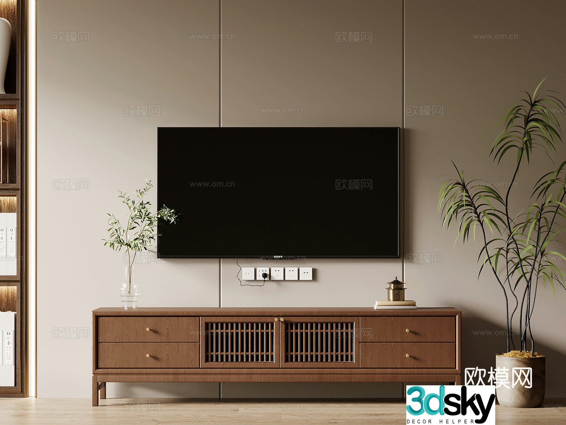 03 TV cabinet New Chinese TV cabinet Ornament ornament Green plant potted 3D model