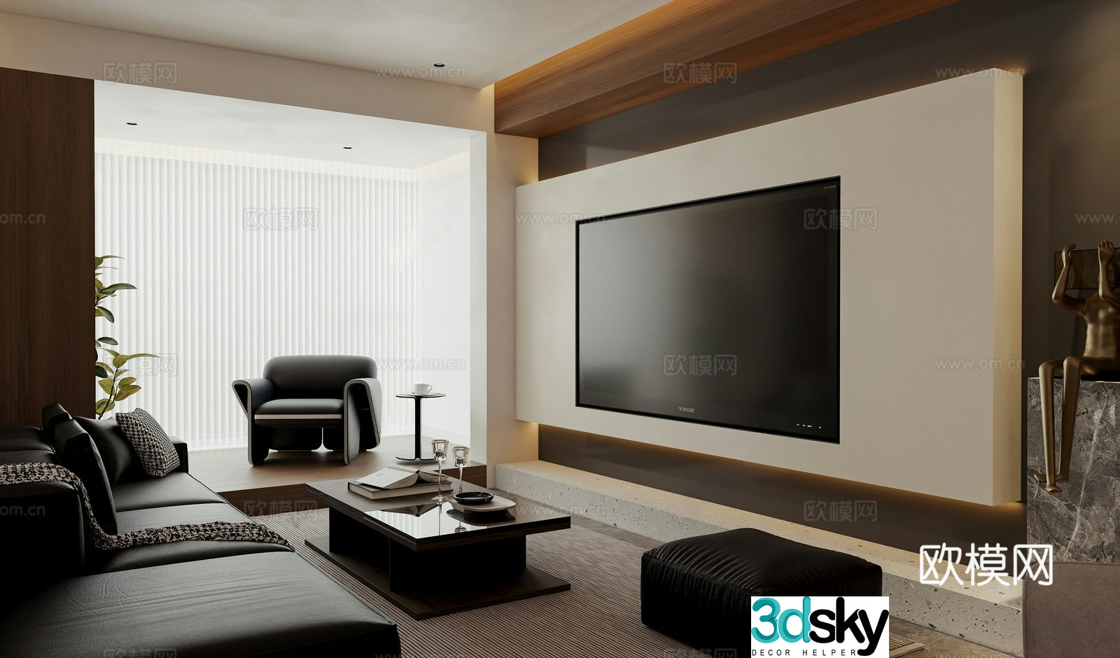 Italian modern home living room living room without lights sofa and coffee table combination TV cabinet background wall sand 3d model