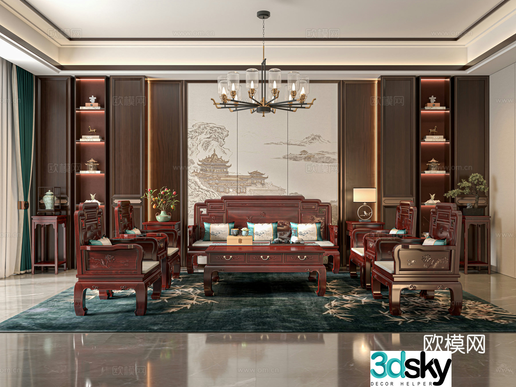 New Chinese living room mahogany sofa mahogany furniture combination Qidaitiangong mahogany furniture Chinese guest 3D model