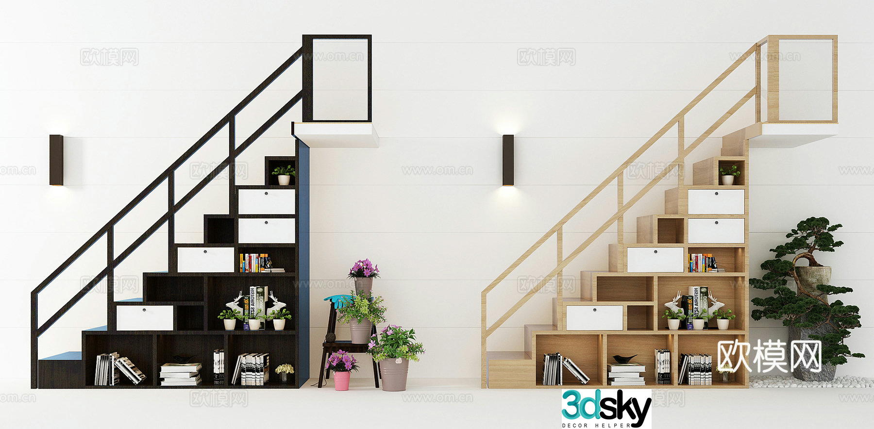 Modern staircase bookshelf combination 3d model