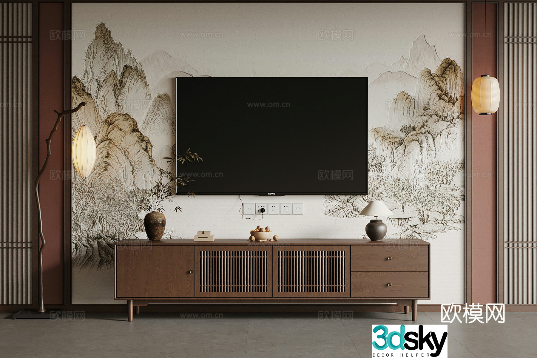 05 New Chinese TV Cabinet Floor Lamp Chandelier 3D Model