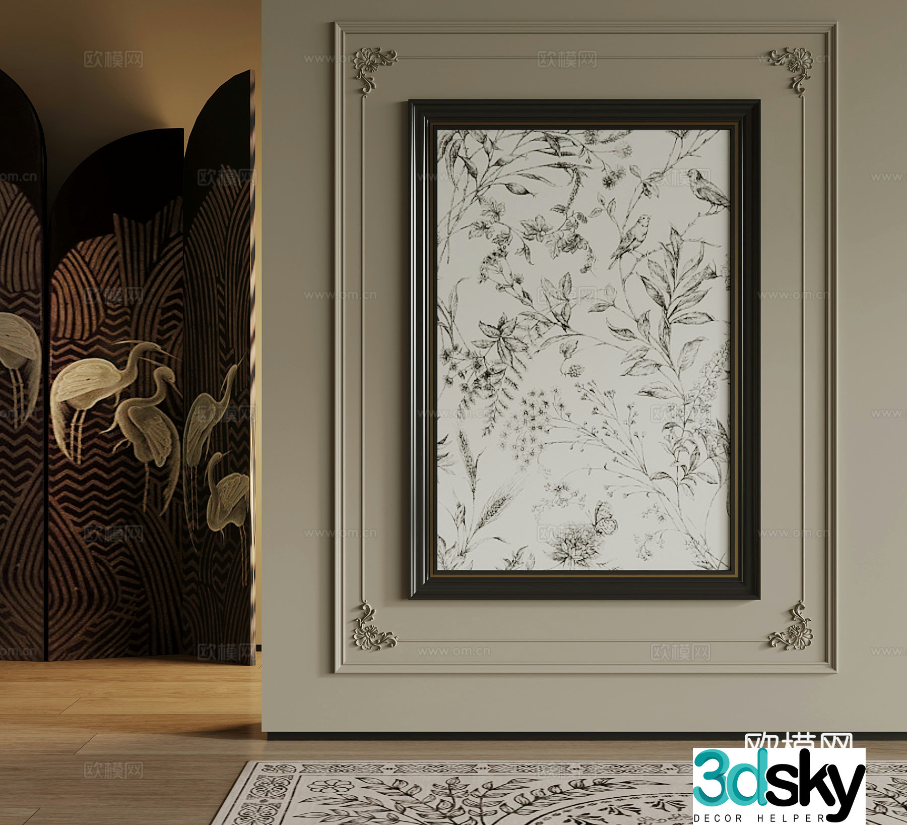02 French retro style hanging paintings screen carpet 3d model