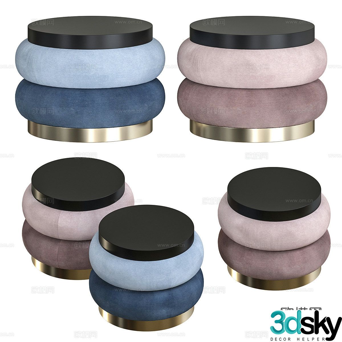 New Chinese style light luxury fabric round stool 3D model