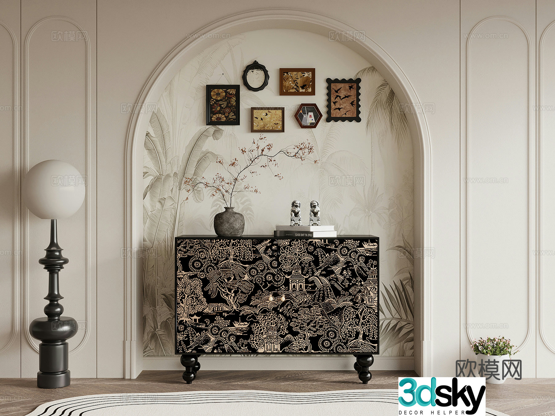 12 porch cabinet French retro style porch cabinet decorative painting floor lamp 3d model
