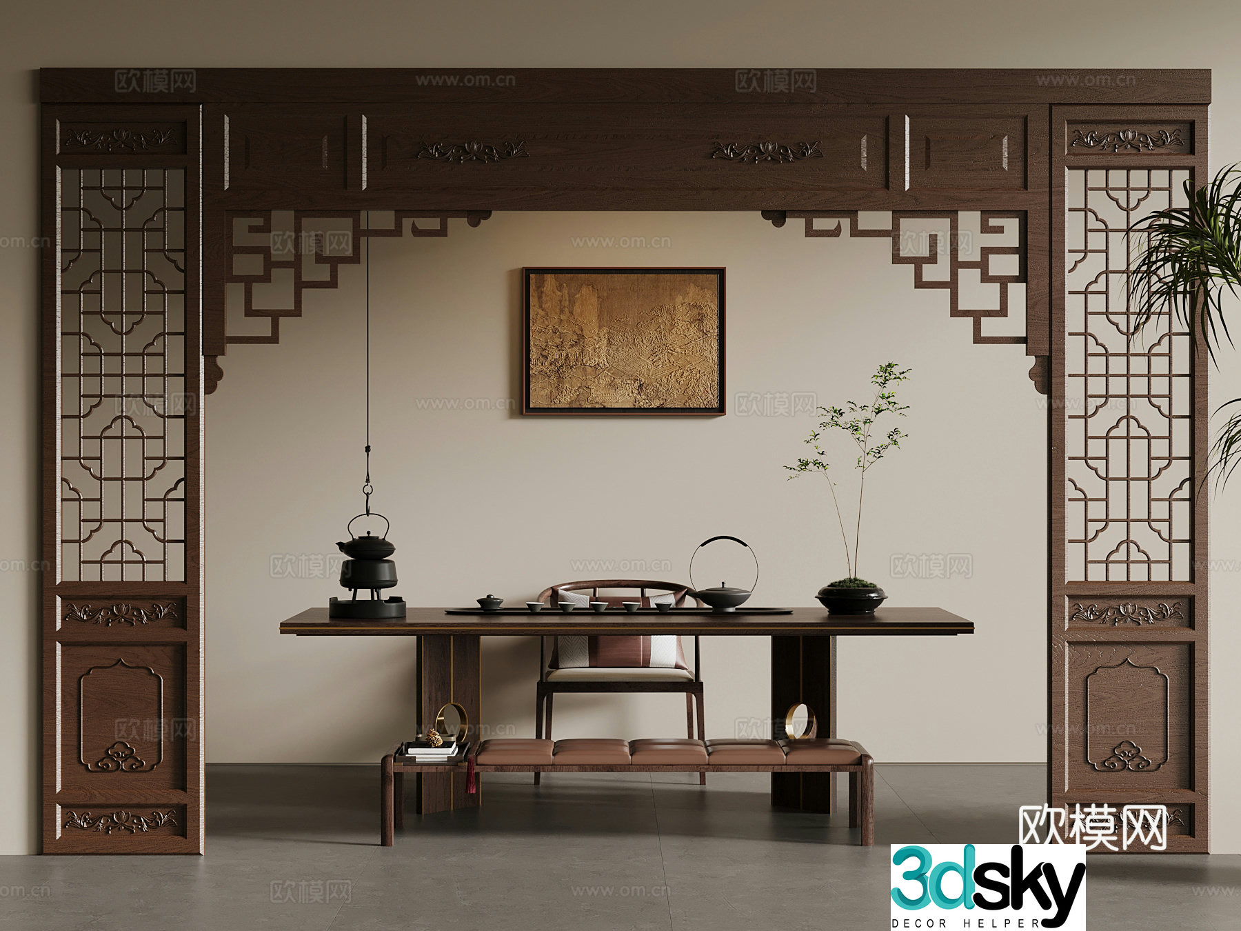 15 new Chinese style tea table and chair door cover hanging painting 3D model