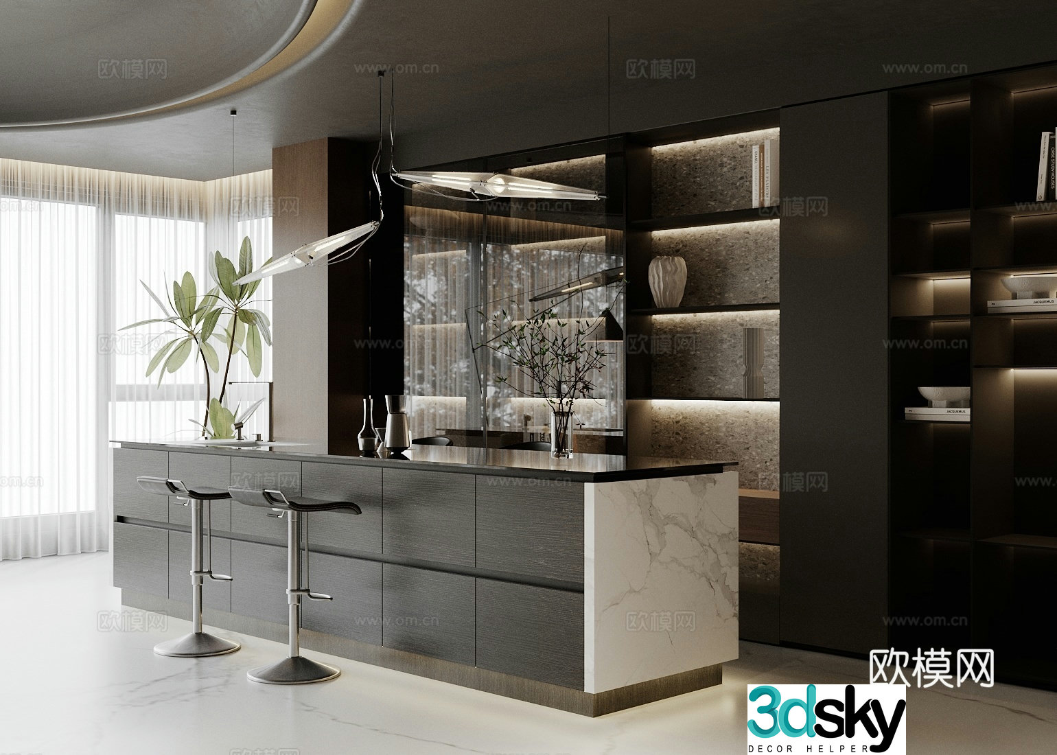 Modern island restaurant living room island kitchen island dining table and chairs kitchen dining room 3d model
