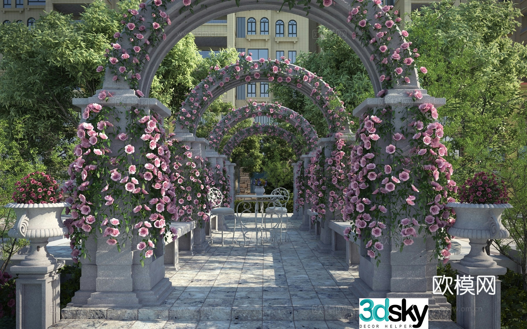 Neoclassical classical European landscape sketches Garden landscape community shrubs and trees Community high-rise 3D model