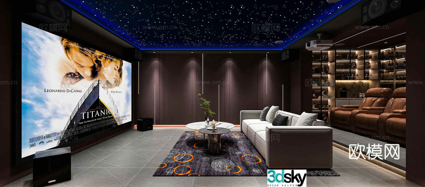 Modern audio and video studio multiplayer sofa wine cabinet starry sky top audio 3D model