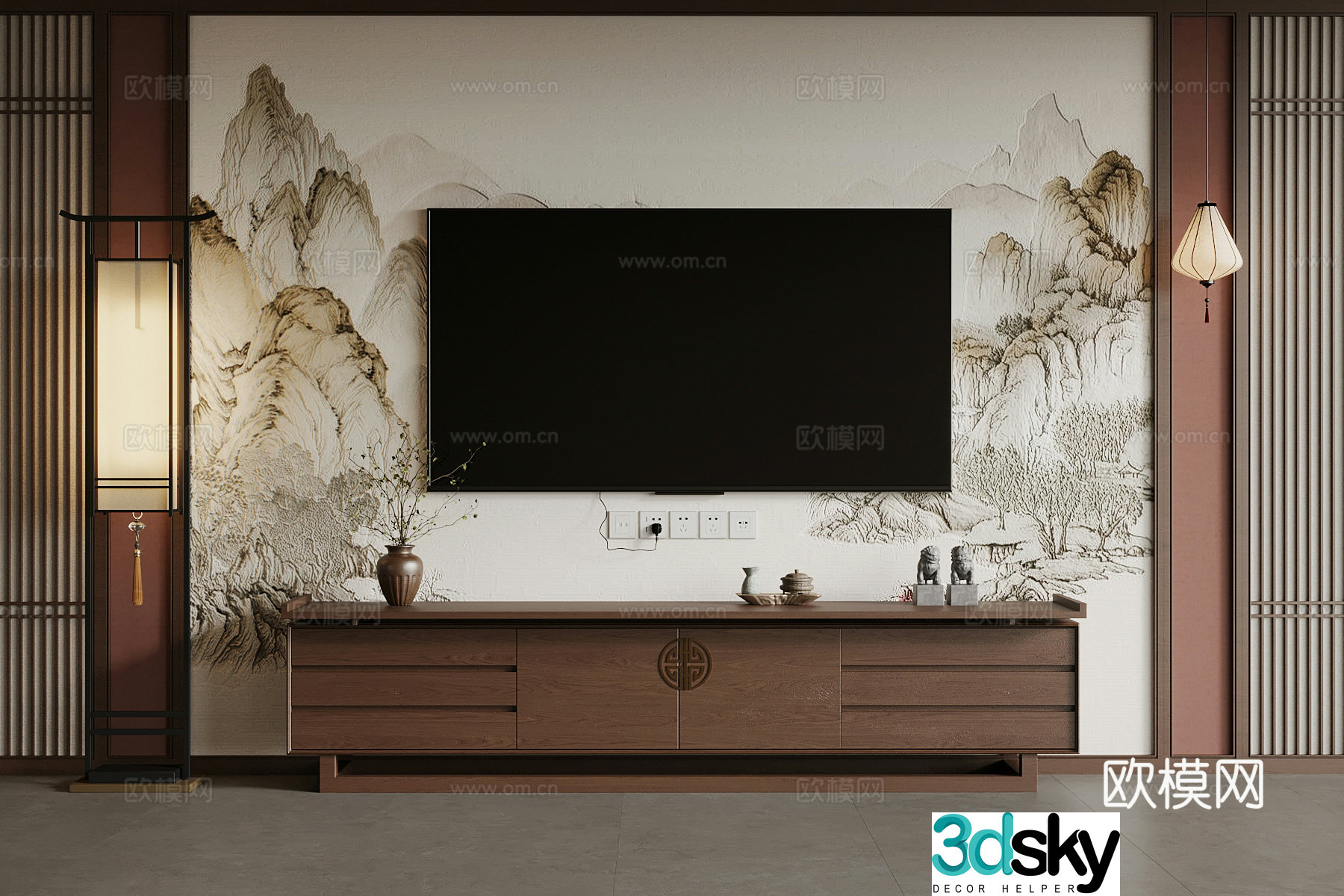 06 New Chinese TV Cabinet Floor Lamp Chandelier 3D Model