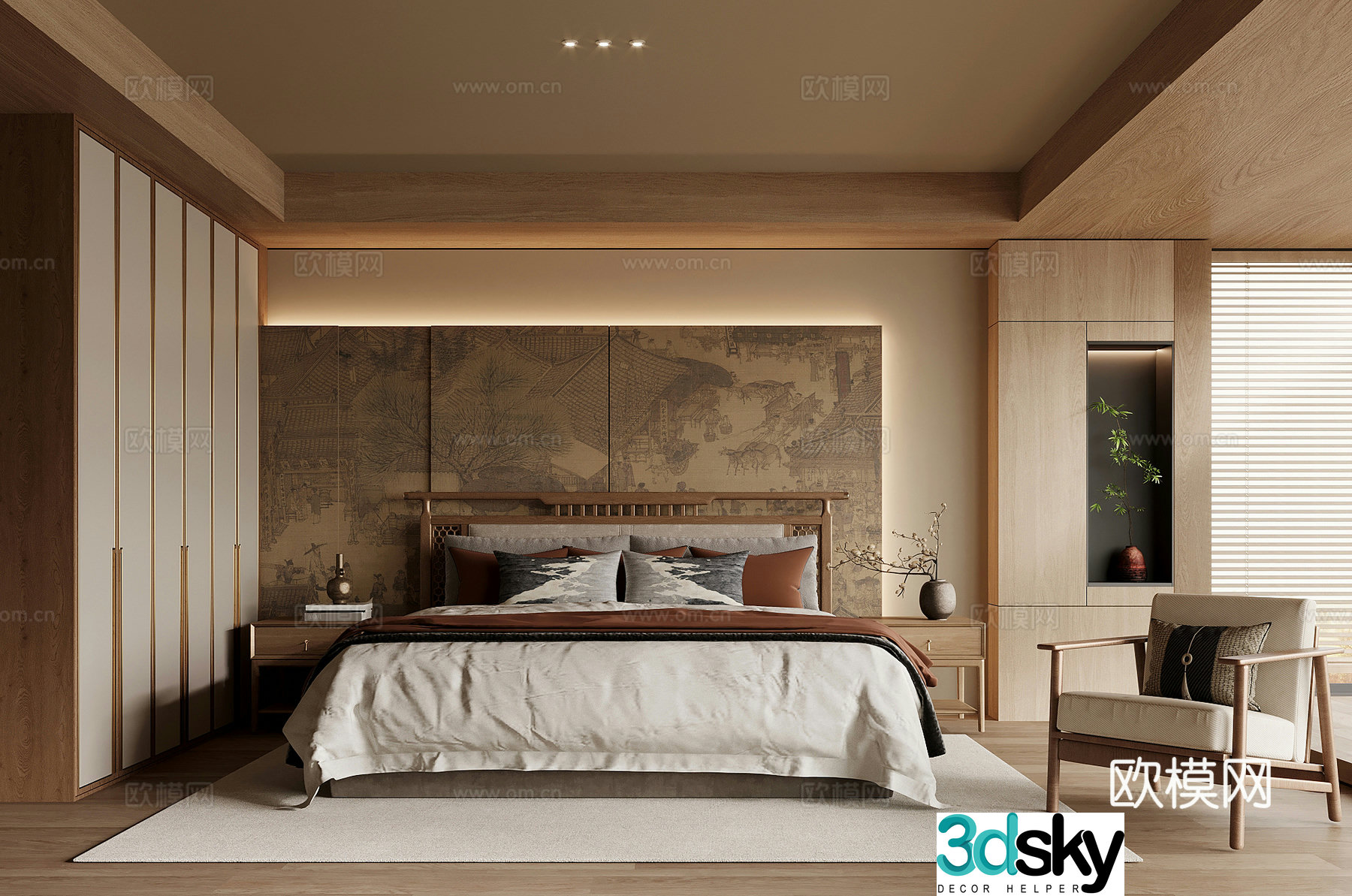 19 bedroom Song style bedroom Double bed Bedside table Wardrobe 3d model