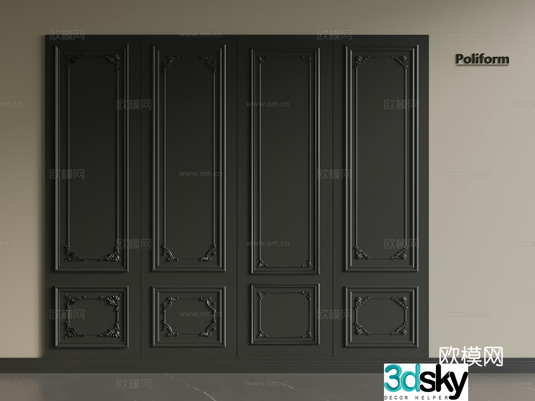 French Italian Wallpaper Gypsum Line Carved Corner Flower 3D Model