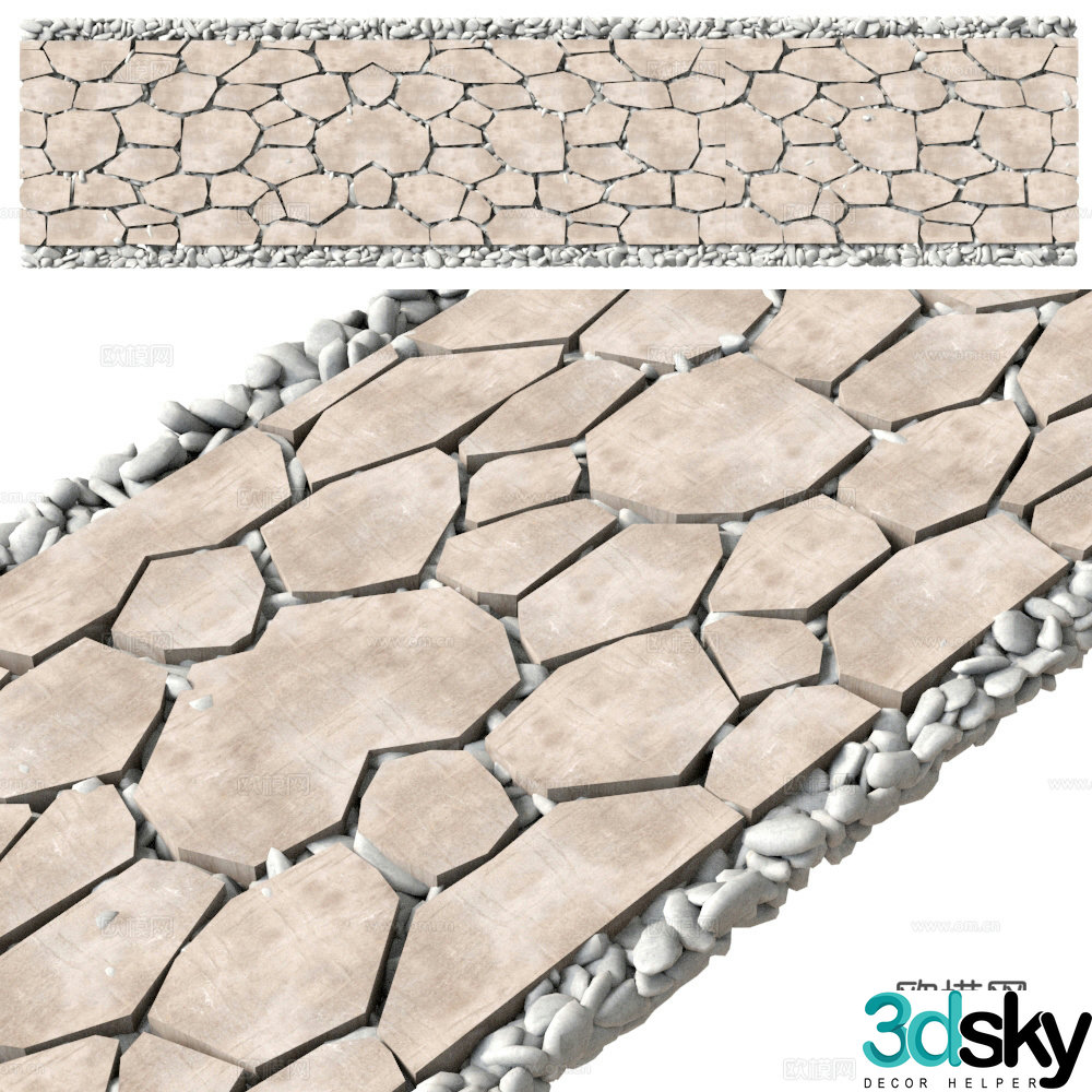 Cobblestone road stone pavement landscape path stone paving road outdoor path 3d model