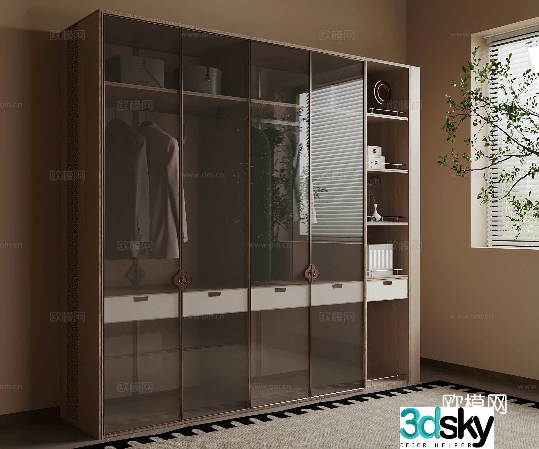 03 New Chinese style wardrobe glass cabinet door 3D model