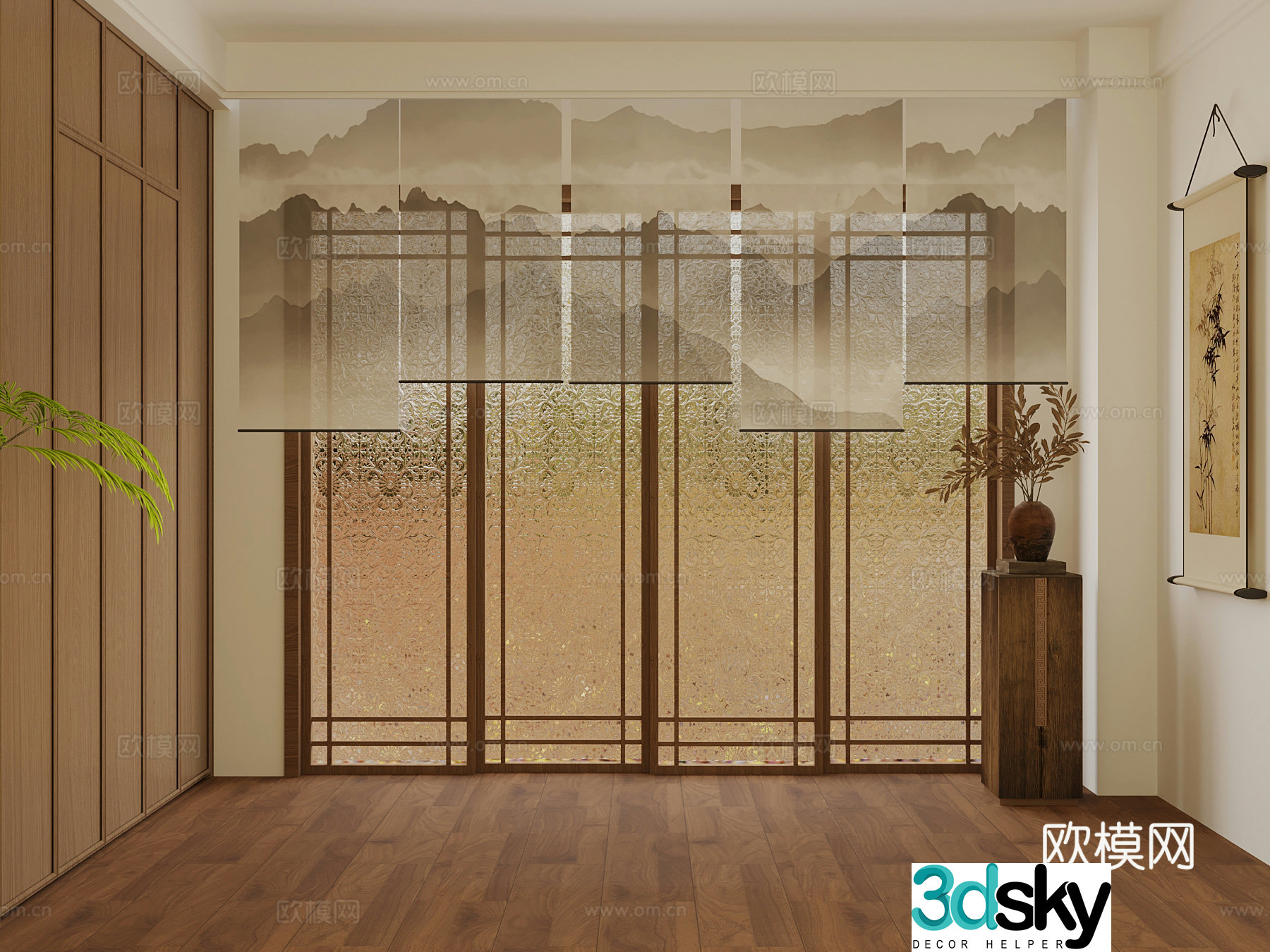 17 New Chinese Curtain Pattern Glass Vase Hanging Painting 3D Model