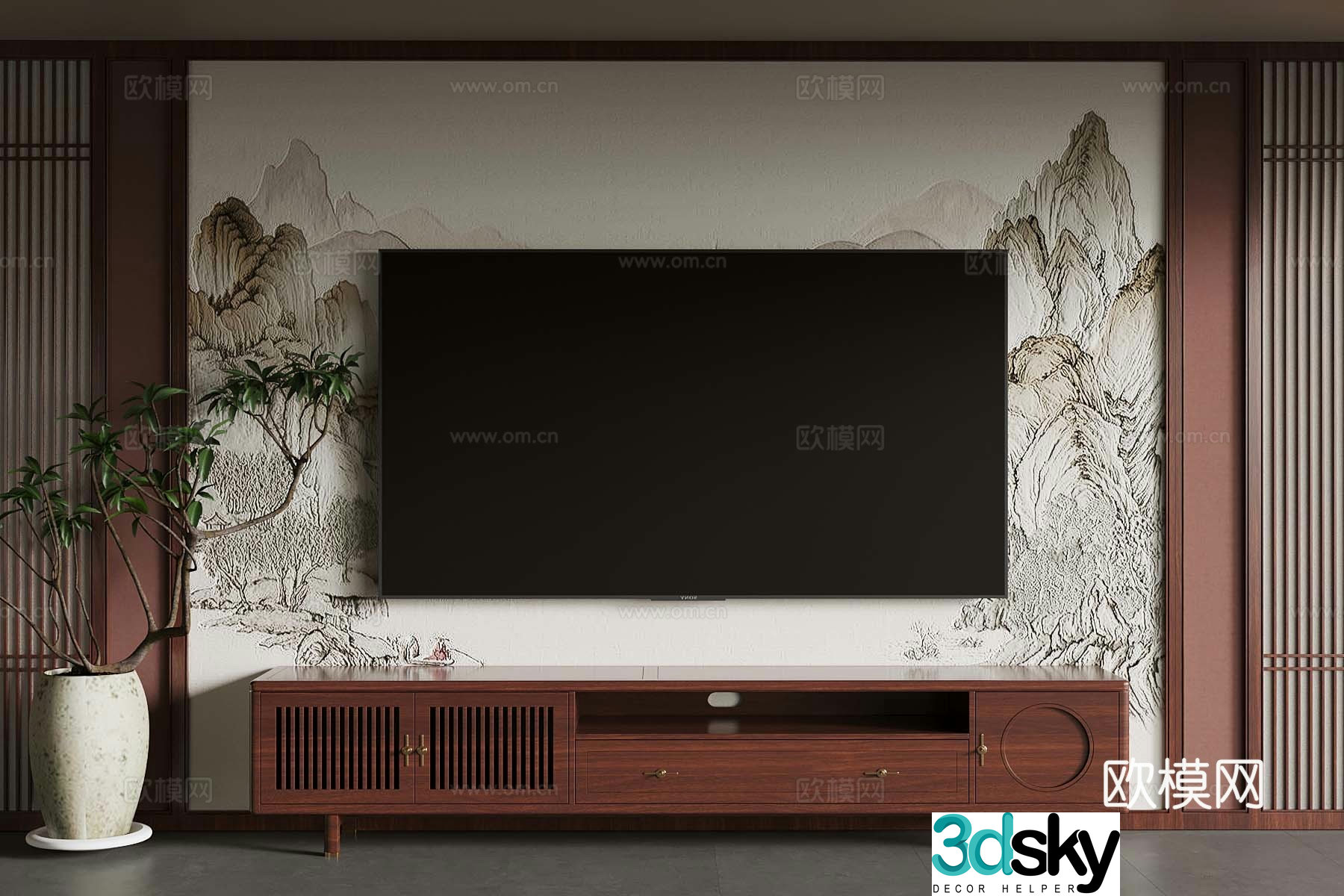 06 New Chinese TV Cabinet TV Background Wall 3D Model
